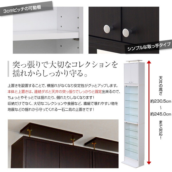 収納家具 ラック コレクション 浅型ハイタイプ専用上置き Luke ルーク 2色対応 収納棚 上置き すき間収納 隠す収納 壁面収納 天井 つっぱり 転倒防止 耐震対策 可動棚 2段 単品 木製 リビング シンプル スリム おしゃれ