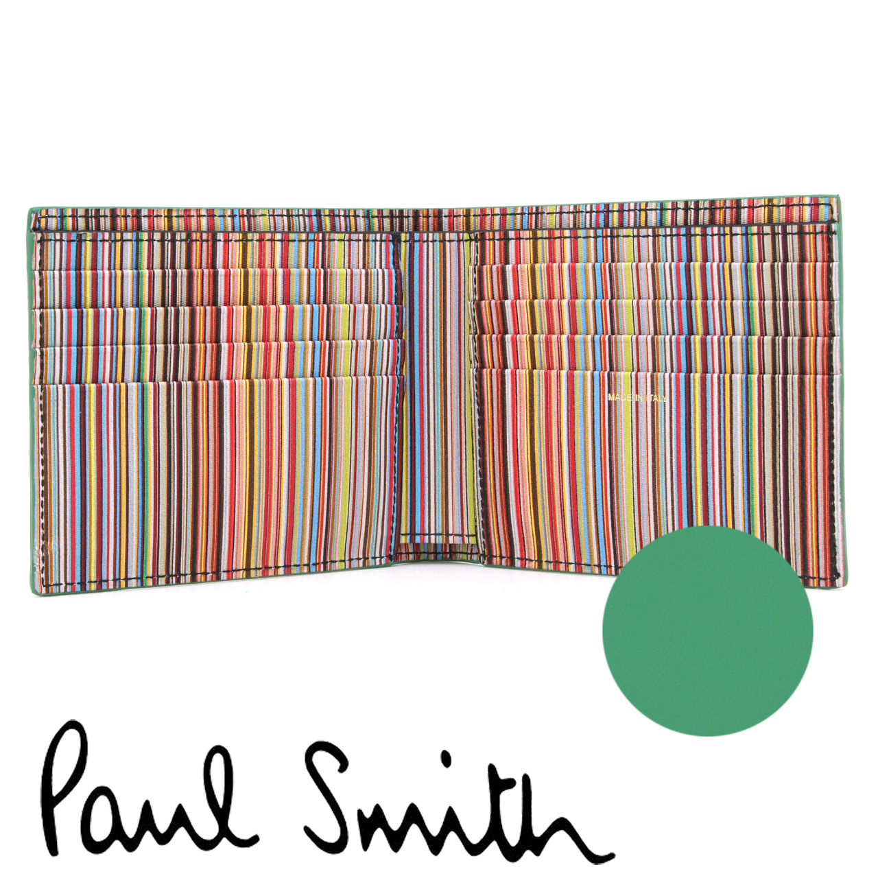 ポールスミス 財布 Paul Smith 二つ折り財布 小銭入れなし メンズ コバルトグリーン マルチストライプ M1A-4832-DMULTI 30 【ラッピング無料 誕生日 お祝い プレゼント ギフト 贈り物】 送料無料
