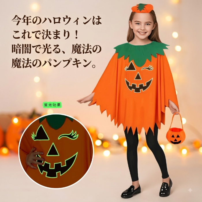 ハロウィン コスチューム 子供 かぼちゃ パンプキン 仮装 衣装 キッズ 女の子 男の子 ジャックオーランタン ポンチョ コスプレ ハロウィーン衣装 仮装衣装 子ども パーティー イベント 親子お揃い