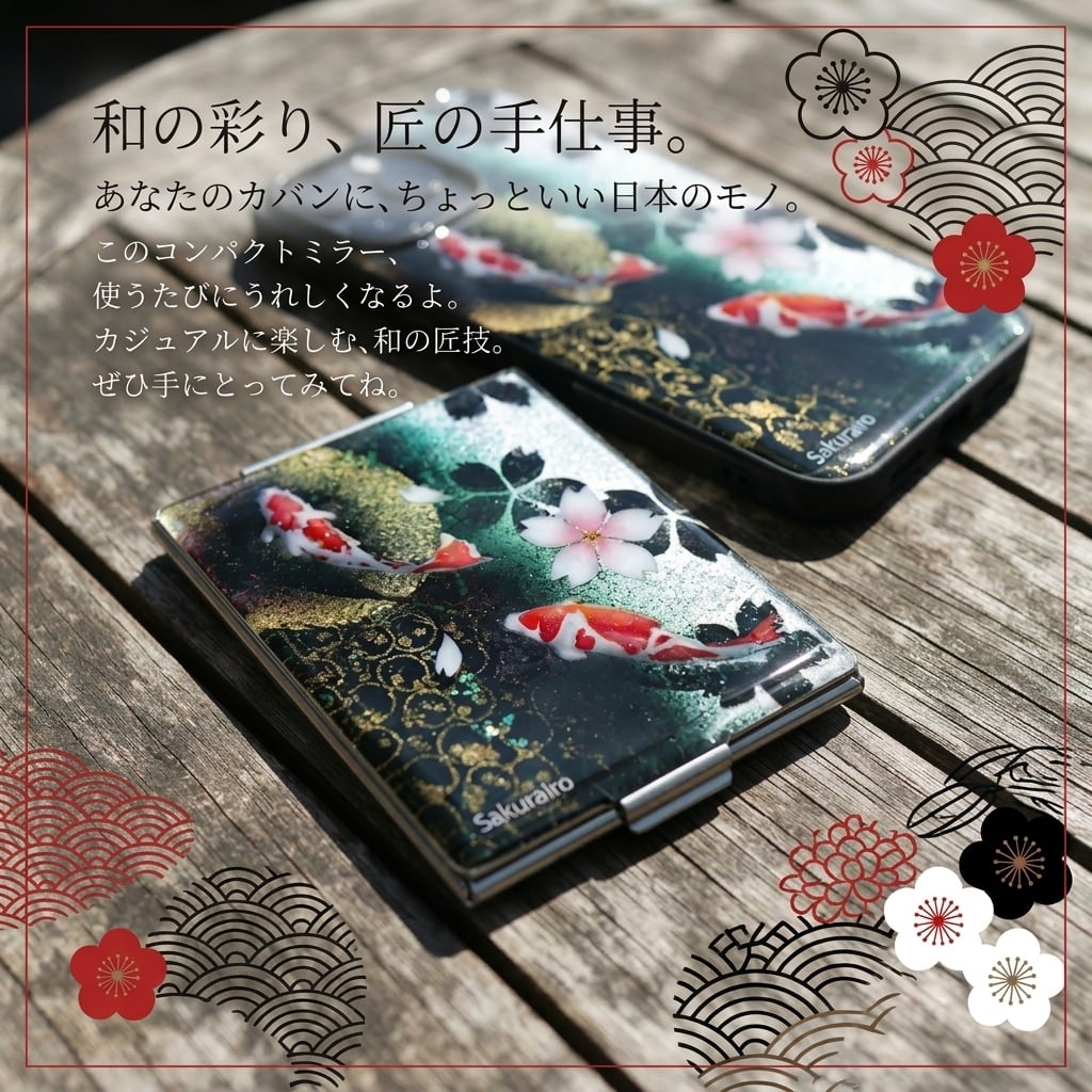 コンパクトミラー『祖』名入れ 送料無料 和柄 和風 和モダン 和雑貨 和小物 手鏡 折りたたみ 桜 伝統工芸 職人 手作り ハンドメイド 記念日 プレゼント ギフト