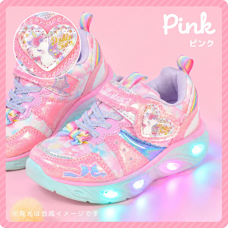 光る靴 女の子 スニーカー Double Star ダブルスター キッズ 子ども シューズ 16 17 18 cm 3歳 4歳 5歳 6歳 軽量 可愛い おしゃれ キラキラ ピカピカ 光る 柔らかい 軽い 子供靴 運動靴 ユニコーン 猫 ハート ホワイト パープル ミント ピンク 幼稚園 保育園 孫 プレゼント