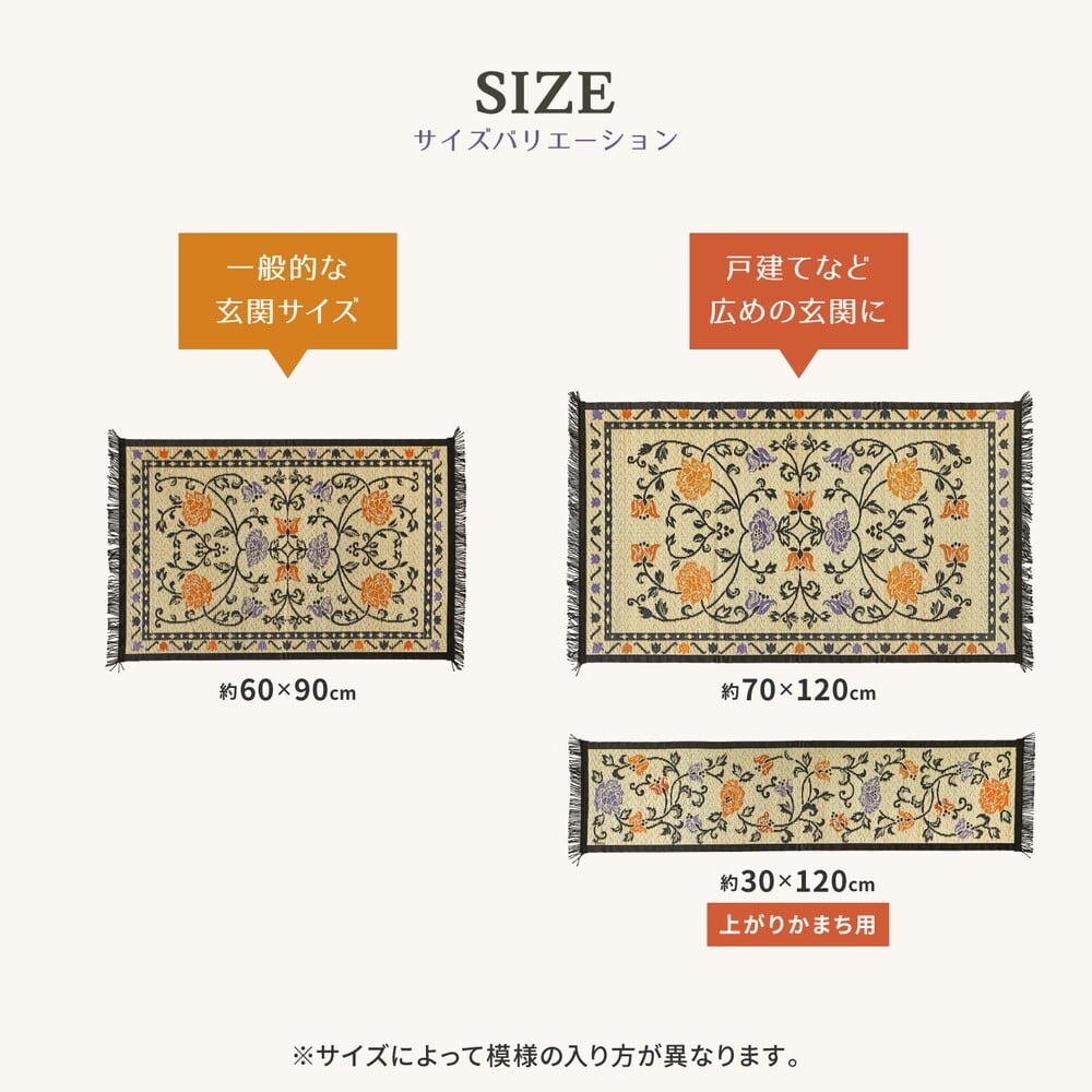 ラグ カーペット 国産 い草 玄関マット イデア 約60×90cm 裏貼り 滑り止め加工 インテリアマット 花柄
