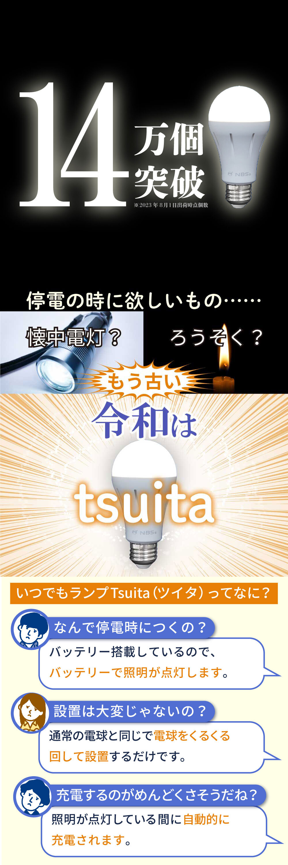 停電でも消えない電球 いつでもランプ tsuita ツイタ 2個セッ ト LED電球 50W相当 E26 昼白色 電球色 停電時 自動点灯 蓄電式 内蔵バッテリー 非常灯 防災ライト 防災電球 地震 災害 停電対策 避難用品 防災グッズ 備蓄 家庭用 実用的 プレゼント