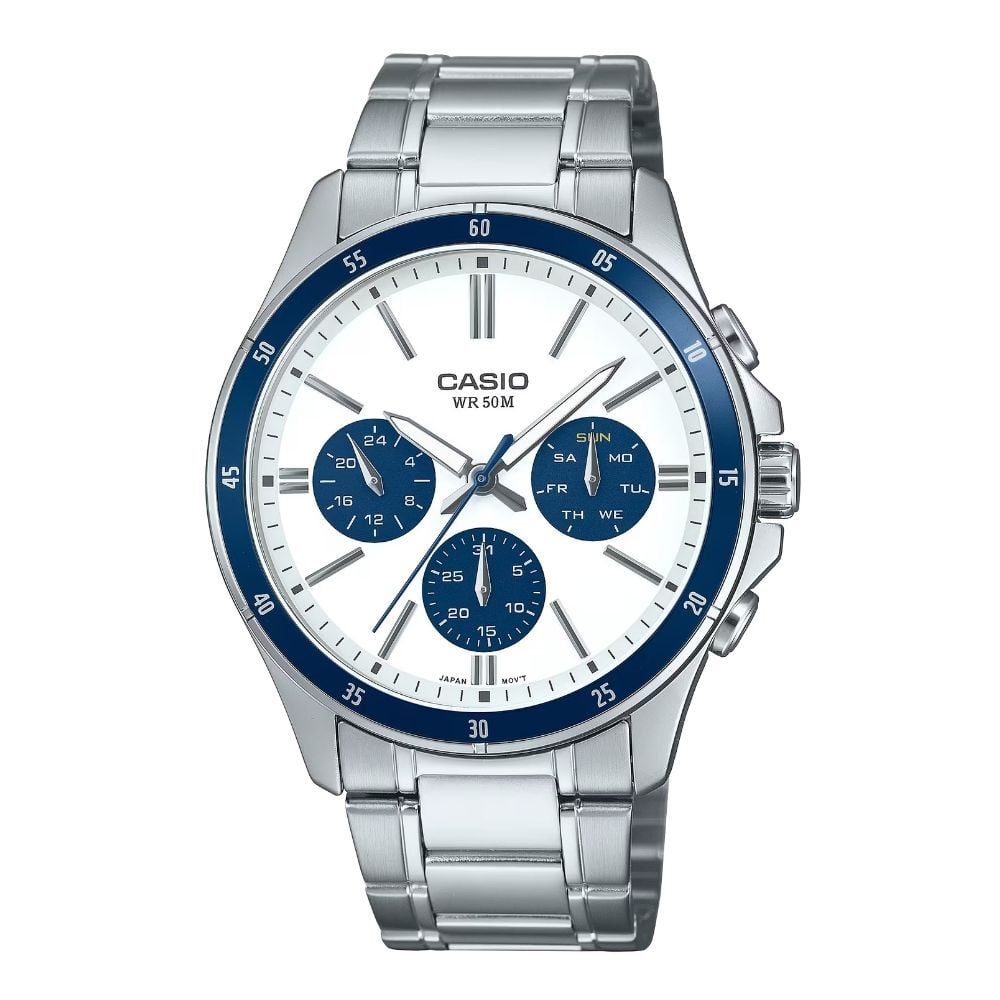 箱なし カシオ 腕時計 メンズ CASIO ホワイト ブルー シルバー メタル ステンレス 海外モデル 逆輸入 カレンダー 曜日 日付 24時間表示 ビジネス 仕事 就職祝い 誕生日 父の日 プレゼント ギフト 成人 卒業 入学