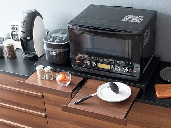 レンジ台 キッチン収納 レンジ下トレー レンジラック 二連トレー スライドテーブル トースター台 炊飯器台 作業スペース アベニール 収納家具 引き出し オーブントースター台 ブラウン 木目調 シック 便利な台 家具 ：