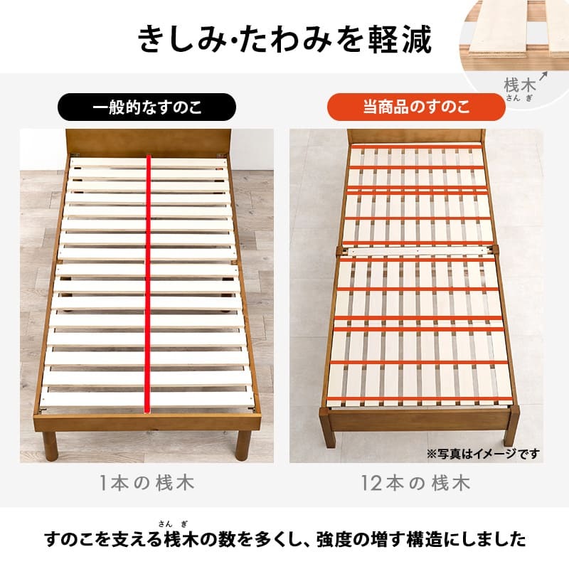 ベッド 寝具 耐荷重350kg すのこ シングル 2段式宮棚付き 高さ調整 3段階 天然木 フレーム 棚付き 木製 頑丈 シンプル 北欧 おしゃれ