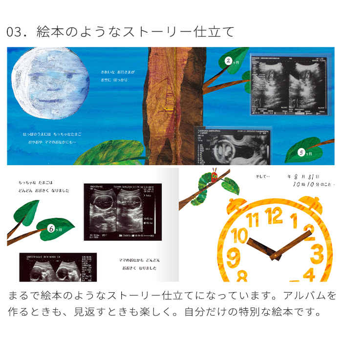 はらぺこあおむし アルバムしかけ絵本 「たんじょうものがたり」 | エコー写真 保存 エコーアルバム おたんじょうきろく 写真 赤ちゃん ベビー