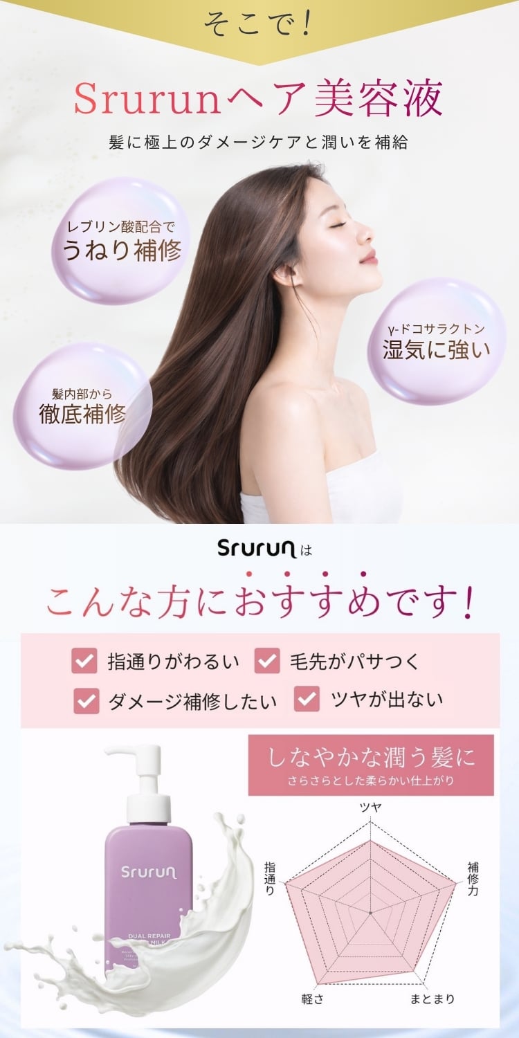 雑誌掲載 Srurun【たった10秒でさらツヤ髪に！ 髪の美容液 】熱ケア ヘアミルク 保湿 髪質改善 洗い流さないトリートメント ヘアケア ダメージケア トリートメント 美容室 人気 ヘアオイル 艶髪  広がり うねり サラつや ブリーチ 無香料 115ml