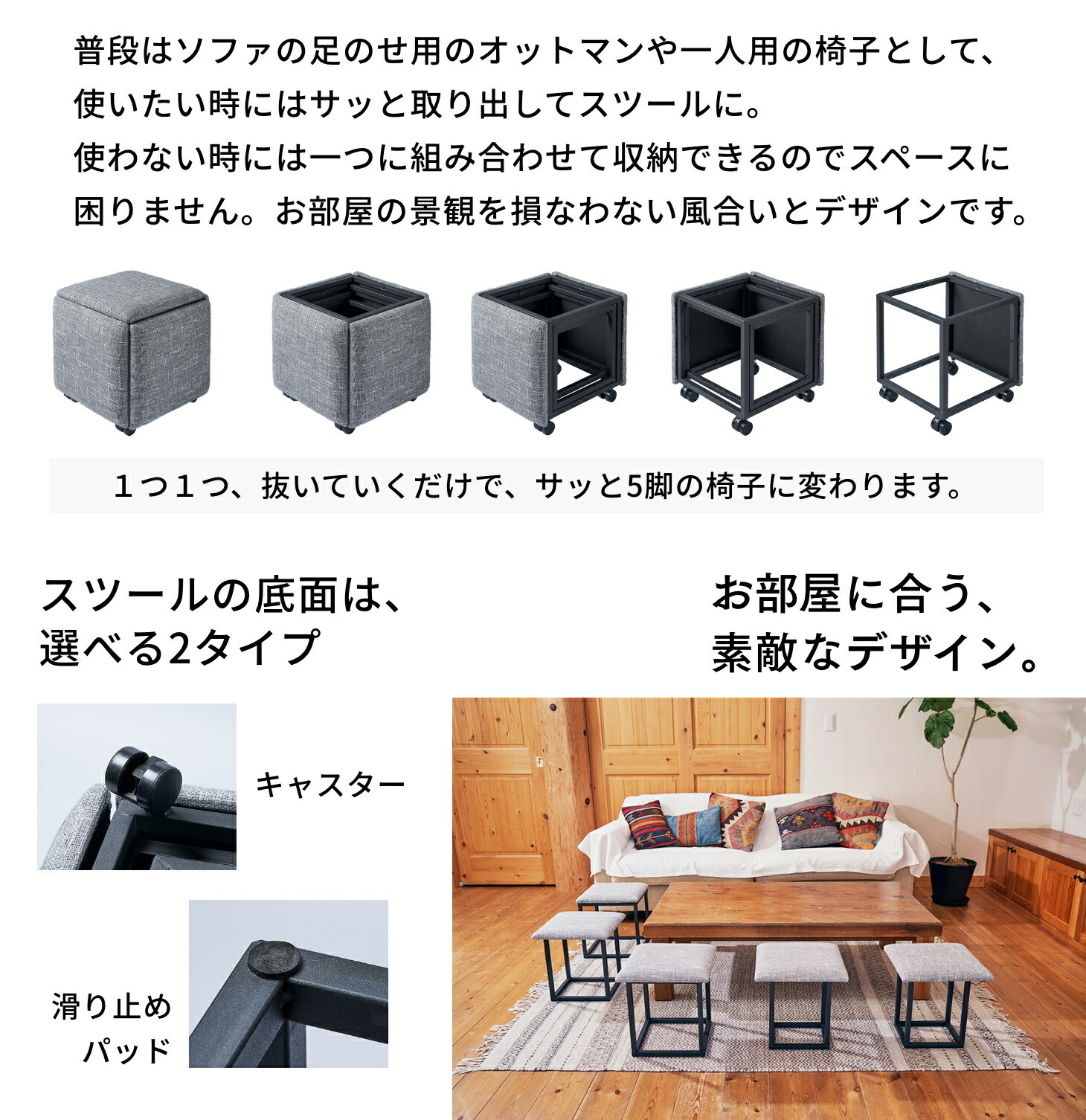 5in1コンビネーションスツール スツール オットマン チェア 多機能 収納 5脚 変身 コンビネーションスツール コンパクト 来客用 椅子 ソファ インテリア グレー ネイビー アイボリー 組み立て不要