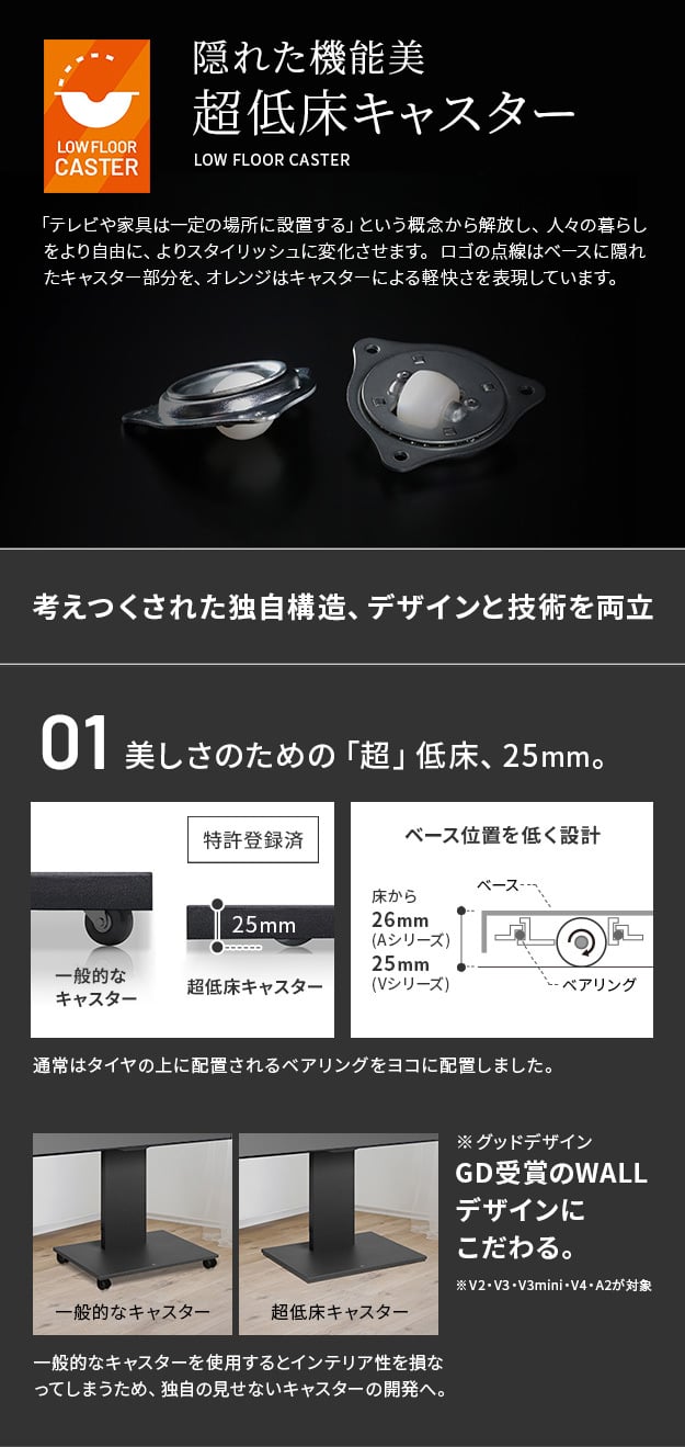 WALLインテリアテレビスタンド V2 CASTER ロータイプ 32~60v対応 テレビ台 テレビスタンド TVスタンド キャスター付き フラットベース 自立型 背面収納 コード隠し モダン おしゃれ スタイリッシュ 白 黒 木目 ホワイト ブラック