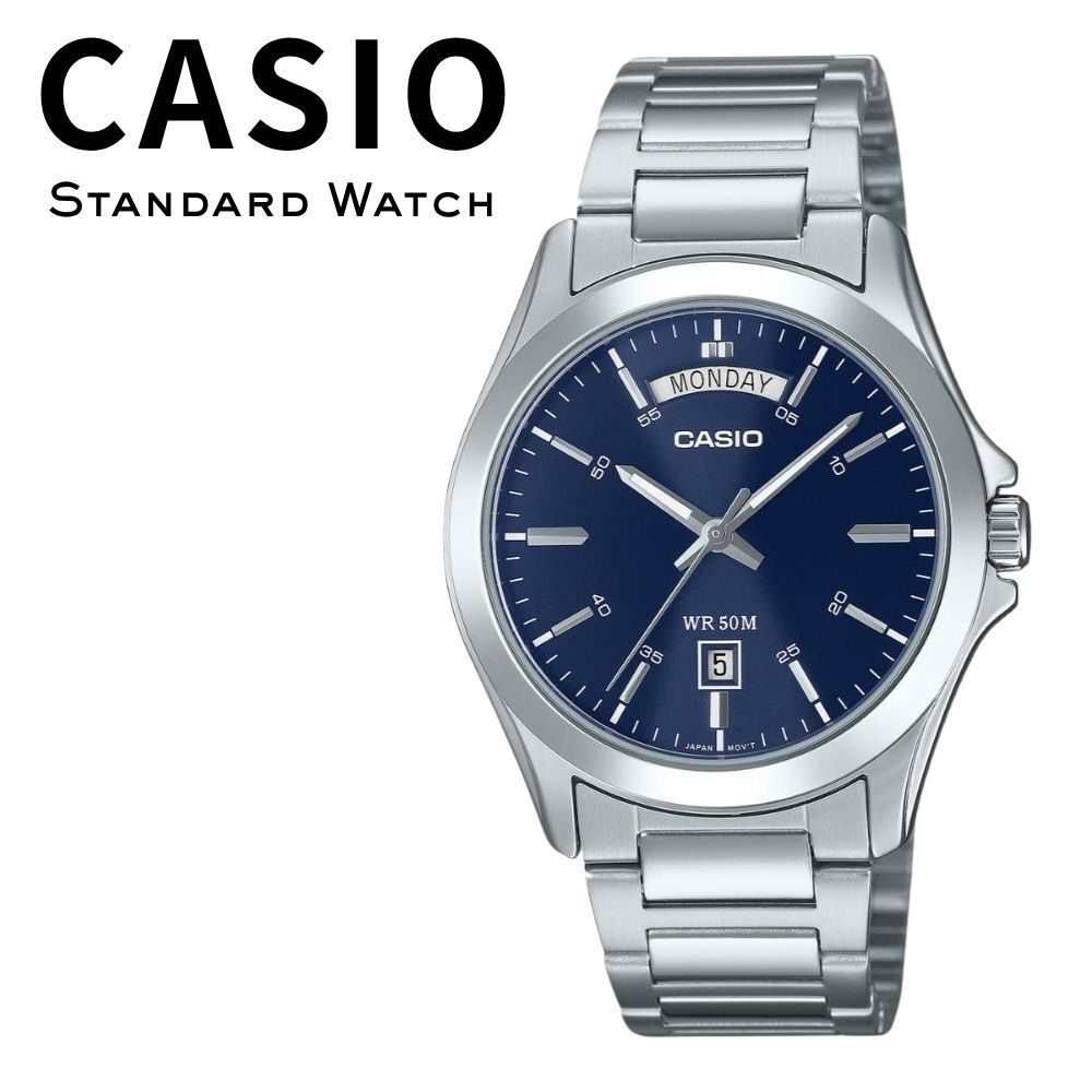 箱なし カシオ 腕時計 メンズ ネイビーブルー ダークブルー 青 シルバー 曜日 日付 カレンダー アナログ CASIO 海外モデル 逆輸入 ビジネス 仕事 男性 プレゼント ギフト 成人 卒業 入学