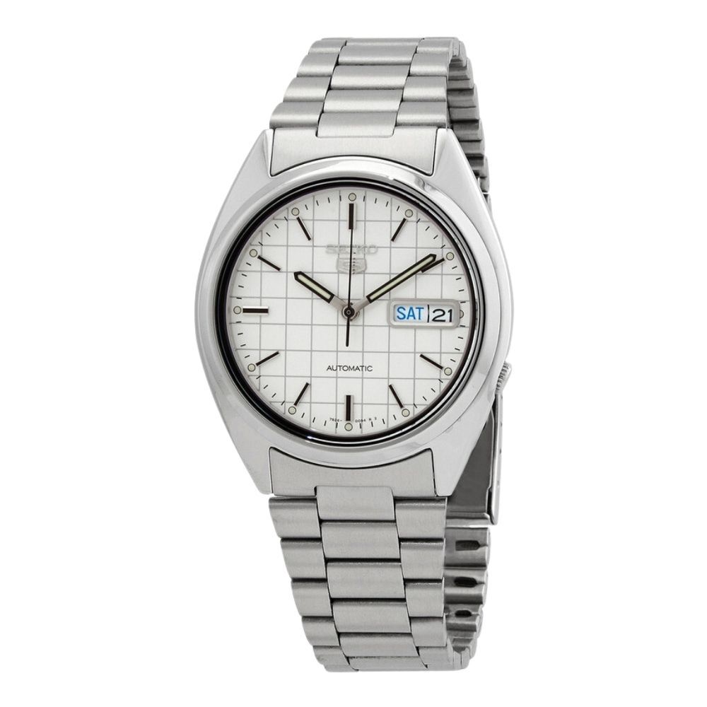 セイコー5 腕時計 メンズ 自動巻き ホワイト シルバー SEIKO 5 海外モデル 逆輸入 メタルベルト 曜日 日付 シースルーバック 機械式 レトロ 誕生日 プレゼント ギフト 収納ケース付き 成人 卒業 入学