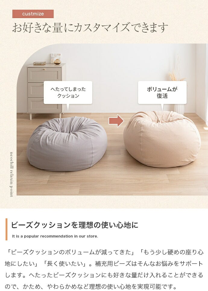 Neochill ネオチル 補充用ビーズ 350g ビーズクッション 補充ビーズ 詰め替え 中身 追加ビーズ へたらない クッション用 0.5mm 0.8mm マイクロビーズ パウダービーズ 発砲ビーズ 極小 詰替用