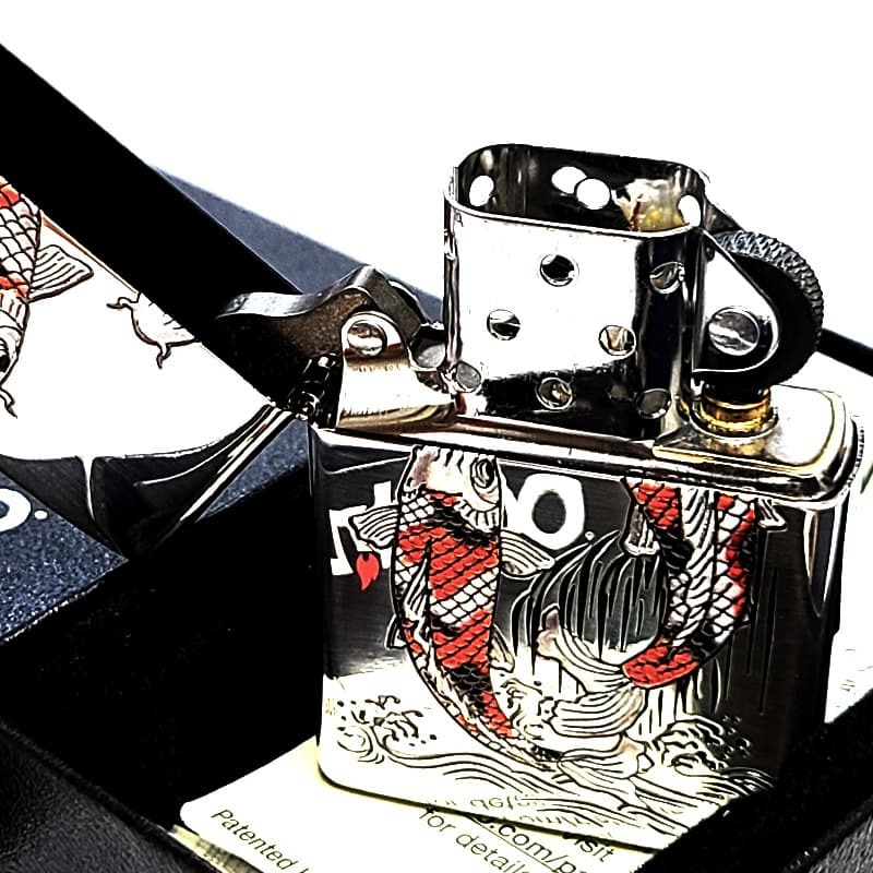 ZIPPO ライター 昇鯉 銀燻し 彫刻 渋い 和柄 御守り かっこいい ジッポ シルバー レッド ホワイト おしゃれ メンズ ギフト プレゼント
