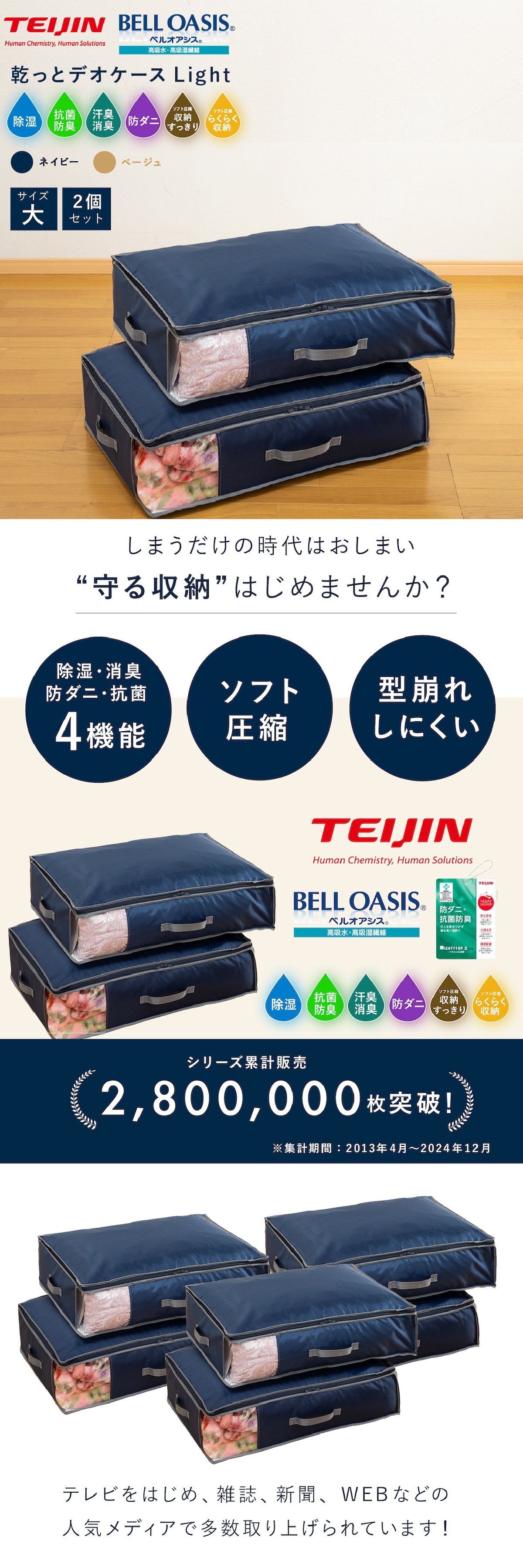 収納ケース テイジン 乾っとデオケース light TEIJIN 大2枚組 収納ボックス 布団収納 衣類収納 布製 収納袋 ベルオアシス 除湿 消臭 防臭 抗菌 防ダニ 湿気対策 ニオイ対策 クローゼット 押入れ 衣替え 寝具 毛布 衣類 布団 コンパクト 折りたたみ 省スペース 収納グッズ 帝人