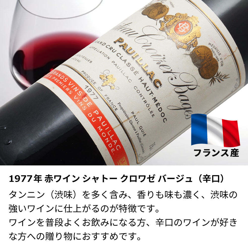 1977年 名前入り彫刻 生まれ年 赤ワイン シャトー クロワゼバージュ 辛口 昭和52年 名入れ 誕生日プレゼント ワインセット 木箱入【送料無料】