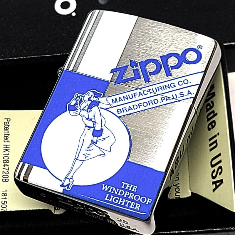 ZIPPO ライター ウィンディ ジッポ ロゴ Windy ブルー シルバーサテン かわいい クラシック 銀 青 レディース メンズ おしゃれ ギフト プレゼント