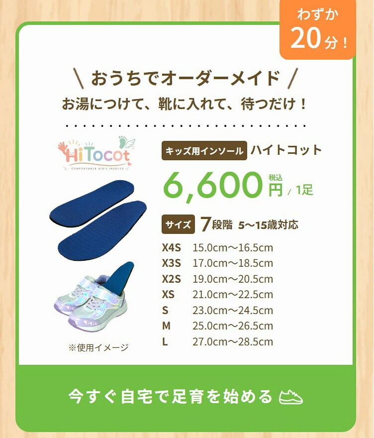 ファーストワン ハイトコット キッズインソール 足育 姿勢矯正 5本指カスタムインソール【フリージャンル】FirstOne HiTocot シューズと足を完全にフィットする湯煎ダブルフィット成形施行インソール 特許取得 抗菌加工 15cm～24cmの5サイズ