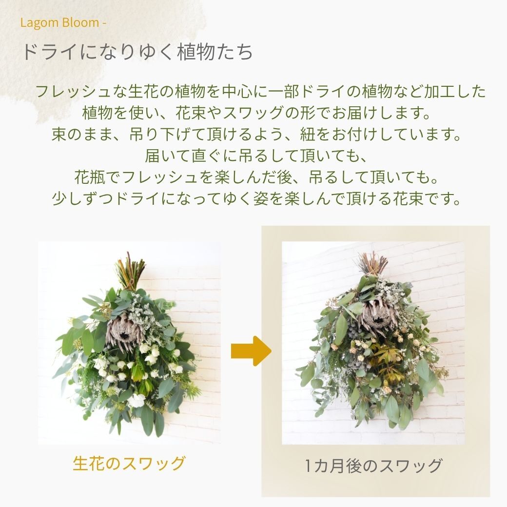 【Drying Bouquet/Swag】生花を中心に一部ドライフラワー（アートフラワー）を使用したスワッグです。少しずつドライフラワーに変化していく様子をお楽しみください。花束のスタイルでお届けさせていただきます。新築のお祝いや開店のお祝い等にも。 送料無料 