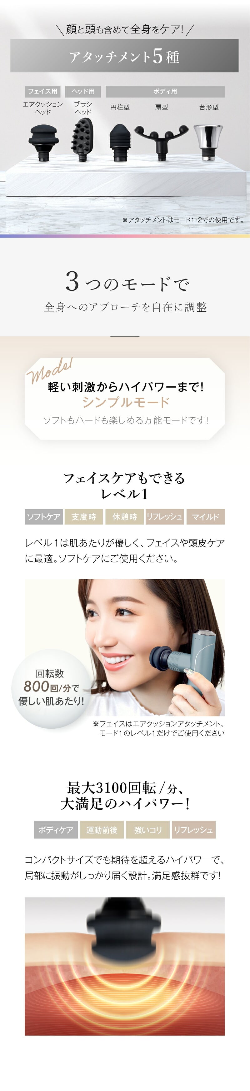 振動ケア WAVEWAVE Fascial Release Gun Mirai ハンディガン 5種アタッチメント 3モード 4段階 最大3100回/分 フェイス 頭皮 ボディ 首 肩 背中 太もも 足裏 コンパクト 軽量 282g USB充電 コードレス 女性 男性 母 父 誕生日 母の日 父の日 プレゼント ギフト