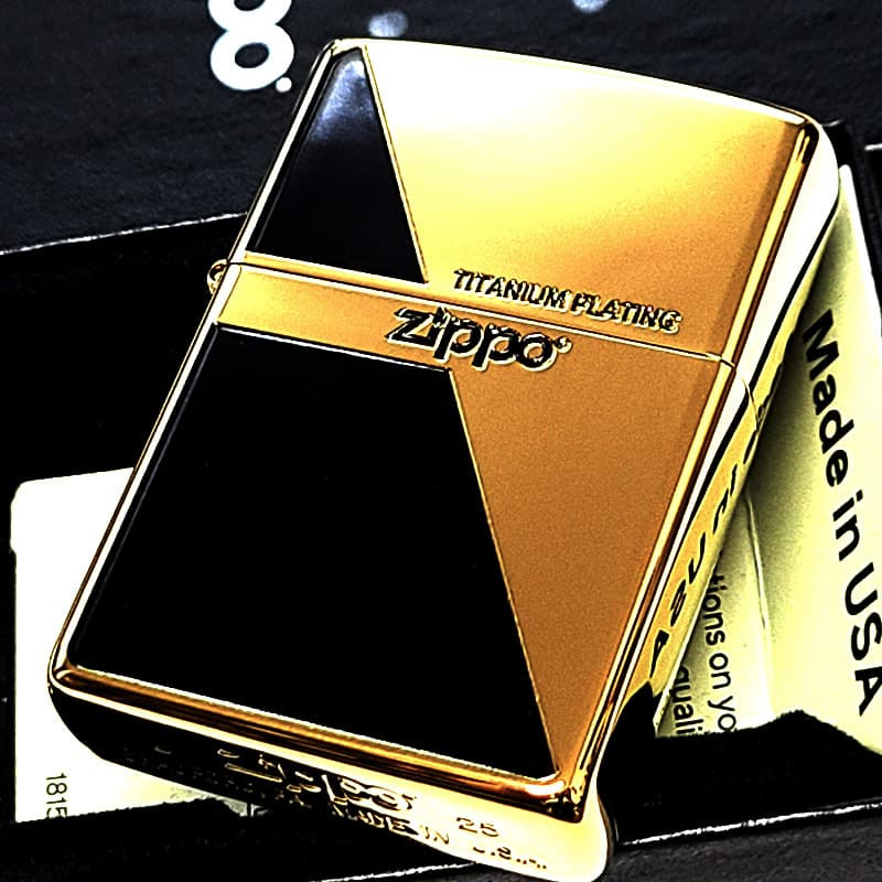ZIPPO ライター 金チタン ジッポ ロゴ ブラック&ゴールド かっこいい 黒金 チタンコーティング 彫刻 おしゃれ 高級 メンズ ギフト プレゼント