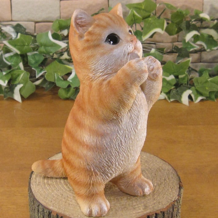 猫　置物 リアル　シンお願いキャット　１　チャトラ　ネコ　動物オブジェ　ガーデン　オーナメント　店舗　カウンター　装飾　オブジェ　インテリア　玄関先　庭　ねこ好きさん人気ギフト　動物人気ギフト　クリスマスプレゼント　お誕生日祝い　母の日人気　父の日人気　敬老の日人気