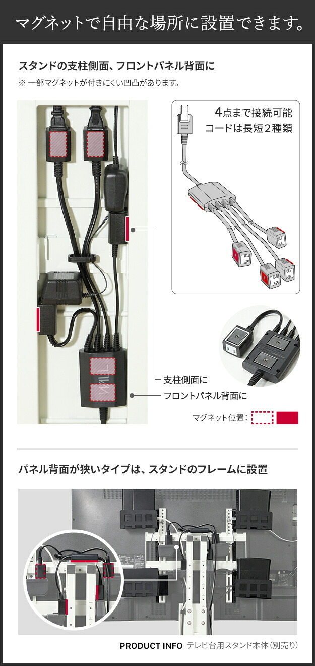 WALLインテリアテレビスタンド マグネット付きスマート電源タップ  追加オプション 部品 パーツ 電源コード ACコード 延長コード 延長ケーブル コンセント 配線 おしゃれ 磁石 自由に設置 背面収納 テレワーク