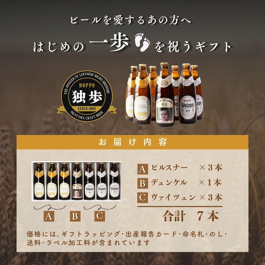 al211写真名入れ 独歩 地ビール 7本セット(デュンケル1本+ヴァイツェン3本+ピルスナー3本)宮下酒造 岡山県産 化粧箱入り (出産内祝 内祝 お祝い お中元 お歳暮 プレゼント)送料無料