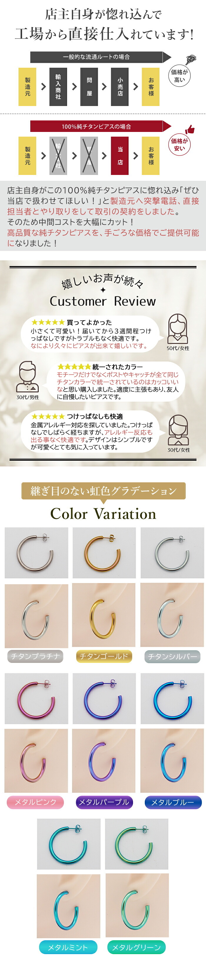 ピアス チタン フープ ハーフ 大きめ 純チタン 幅3mm×直径30mm 全8色 アレルギー対応 医療用 日本製 おすすめ メンズ レディース 片耳 1個 かわいい カラフル
