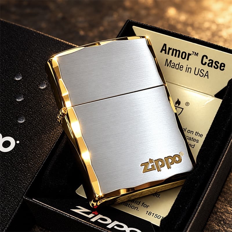 ZIPPO アーマー ジッポライター おしゃれ 重厚 ジッポロゴ シルバーサテン＆ゴールド 両面コーナー彫刻 金銀 シンプル ギフト メンズ プレゼント