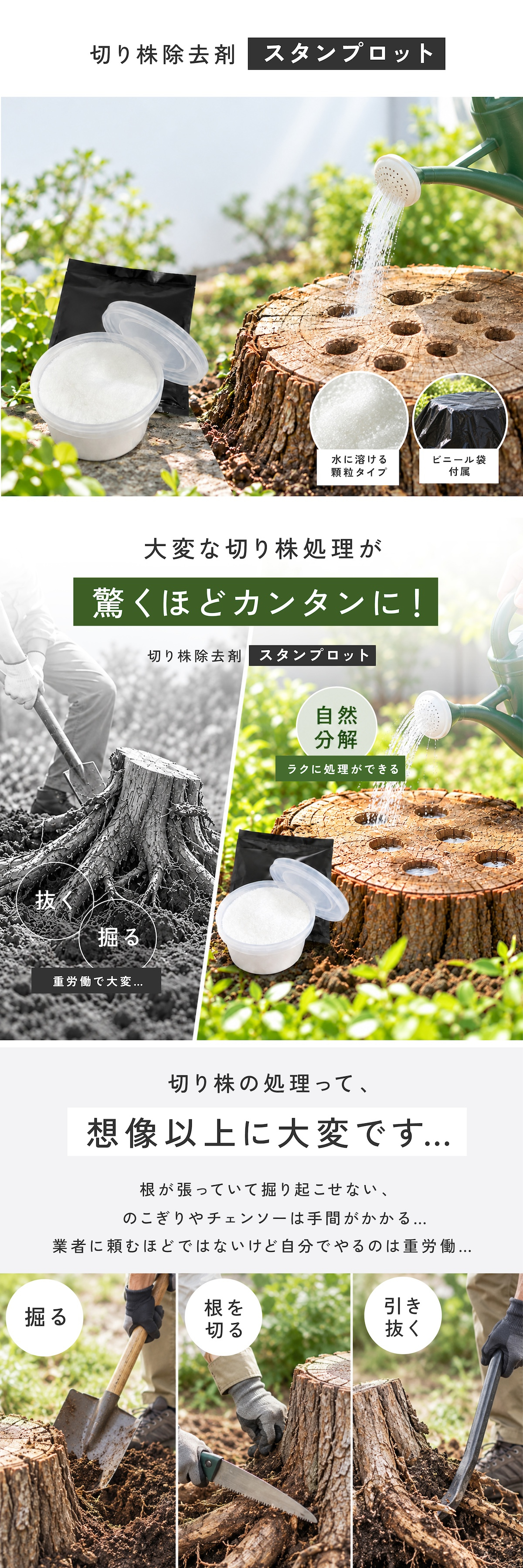 切り株処理剤 スタンプロット 400g 単品 2個セット 切り株の処理 切り株除去 繊維分解 ガーデニング 庭 手入れ 庭木 樹木 根株 木の根 除去 顆粒タイプ 水に溶ける 庭のお手入れ 枯れ木処理 園芸用品 伐採後 処理 切株処理 抜根補助 日本製