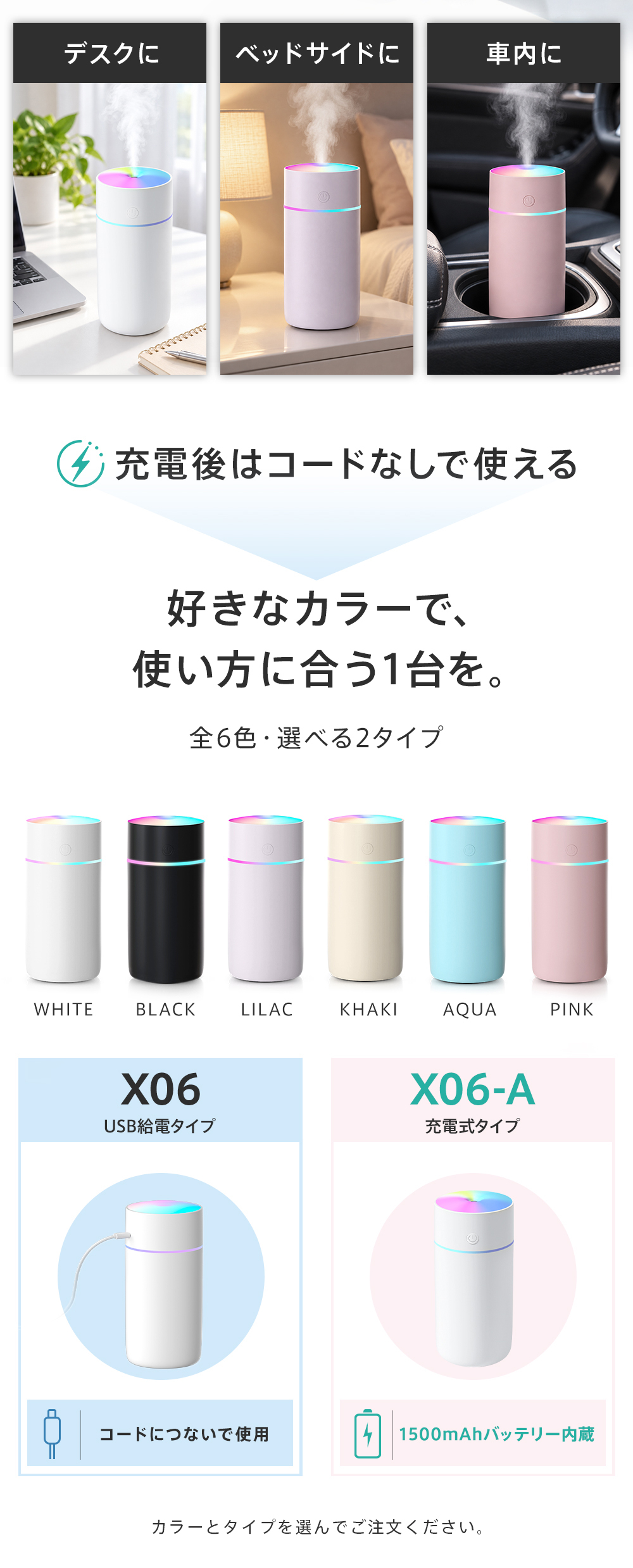 加湿器 卓上 超音波 七色LED 次亜塩素酸水対応 350ml 大容量 2種類加湿モード 空焚き防止 水漏れ防止 静音 保湿 車載 USB給電式 ミニ加湿器 乾燥/花粉症対策 車用 寝室 家庭 子供部屋 お手入れ簡単 持ち運び便利 オフィス 2026 新色登場