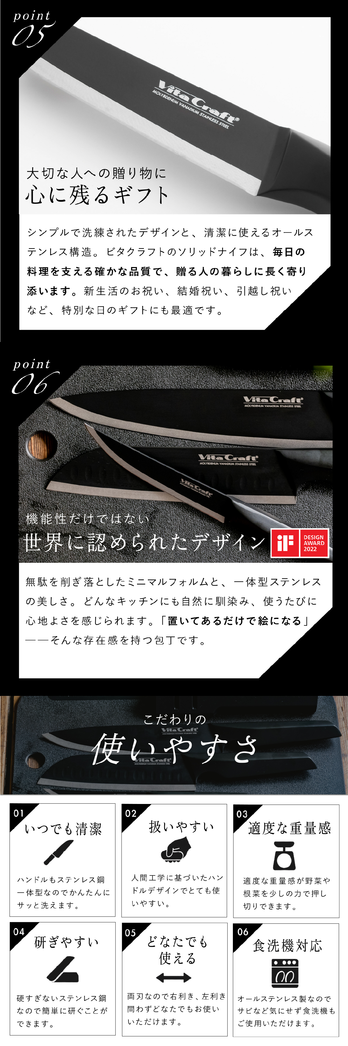 ペティナイフ ビタクラフト ソリッドナイフ ブラック Vita Craft SOLID KNIFE THE UTILITY VC-SK01U BK 果物ナイフ 小型包丁 オールステンレス 一体型 先端波刃 刃渡り12.2cm 軽量 食洗機対応 皮むき フルーツ 野菜 下ごしらえ 卓上 料理 結婚祝い 新生活 プレゼント ギフト