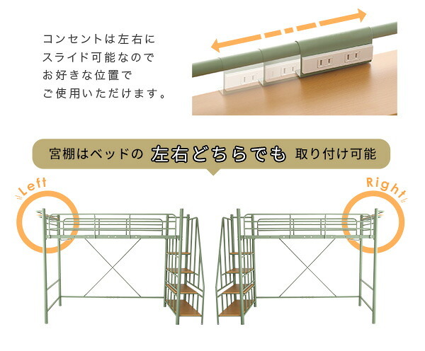 北欧インテリア 階段付き ロフト 階段 ハイタイプ コンセント付き 宮付き 二段 2段 パイプ ミドルタイプ ロータイプ シングル 子供部屋 一人暮らし 北欧 ロフトベット 頑丈設計