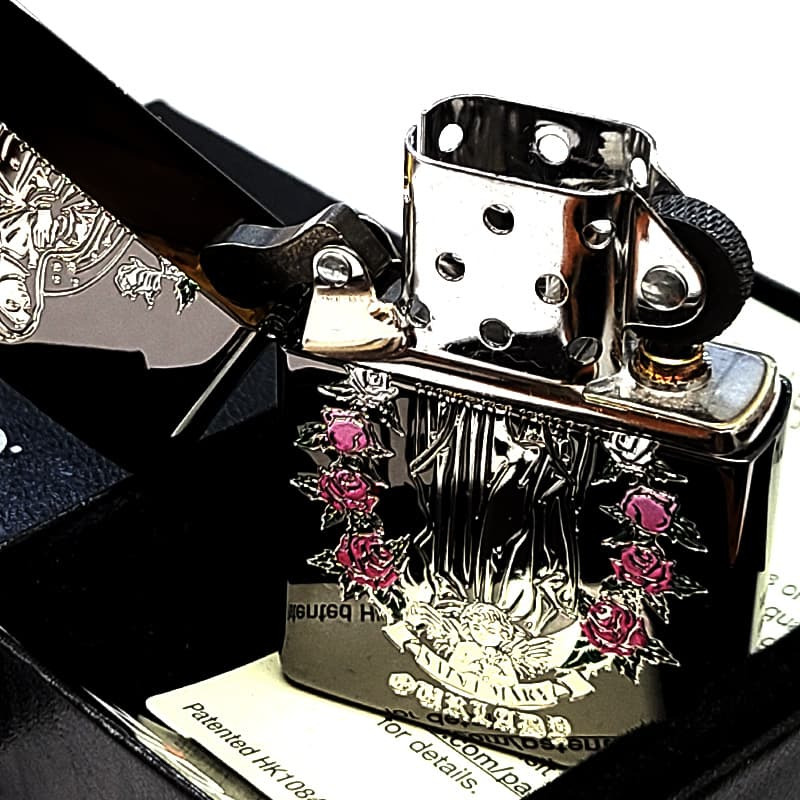 ZIPPO マリア＆ローズ ブラックニッケル ピンク ジッポー ライター 黒 エッチング彫刻 アベマリア おしゃれ バラ ギフト プレゼント Ave Maria 薔薇 メンズ レディース