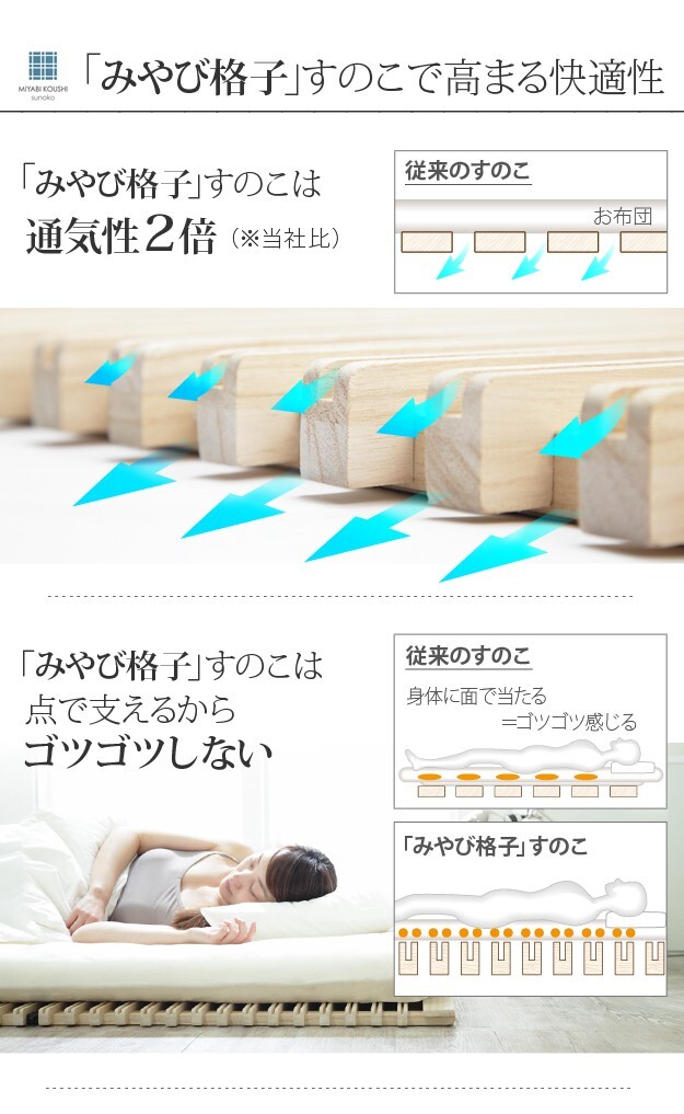 【グッドデザイン賞受賞】 すのこベッド 折りたたみ シングル 通気性2倍で丸めて収納 「みやび格子」すのこベッド シングル 二つ折りタイプ 桐 天然木 すのこマット 布団干し 室内干し 省スペース 快眠 除湿 調湿 防カビ 梅雨対策 結露防止 通気性