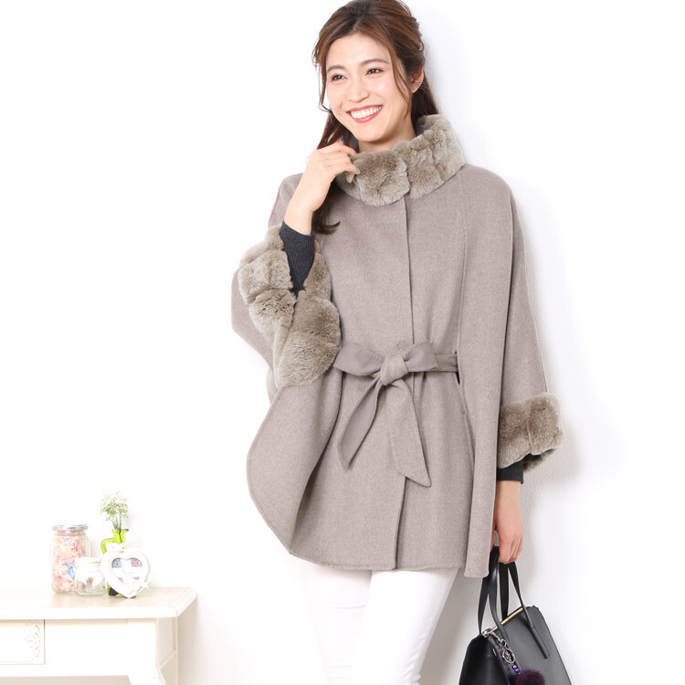 カシミヤ ブレンド ウール ケープ レッキス ファー 一枚仕立て 手縫い ハンドメイド レディース Filomo カシミヤ混 ダブルフェイス レッキス ファー 毛皮 冬 アウター 秋 30代 40代 50代 ギフト プレゼント 7F (02000091r)