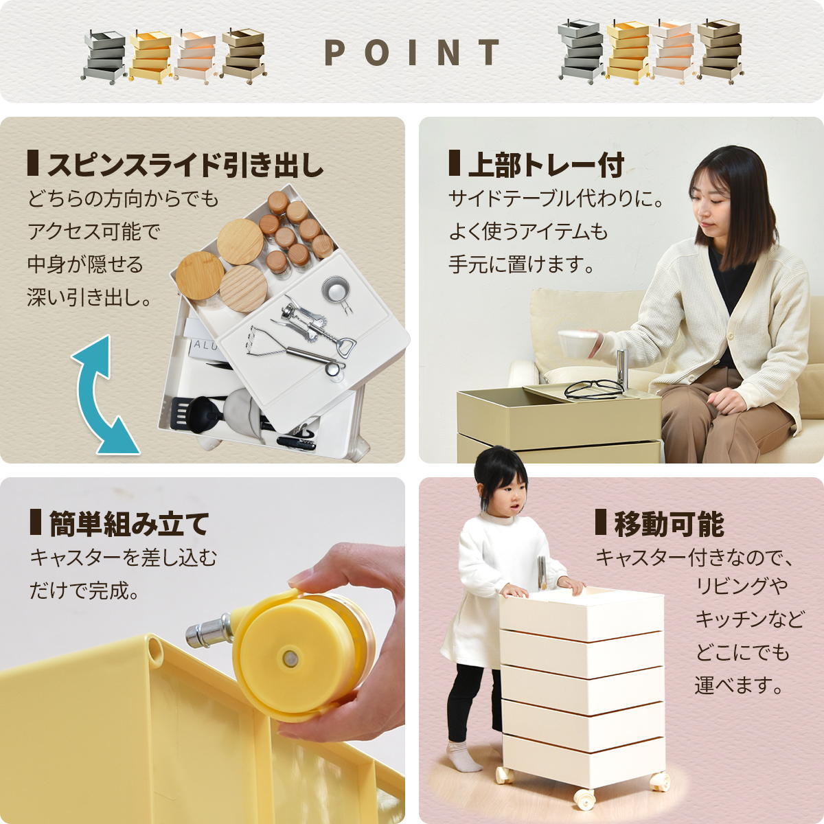 360回転ワゴン 5段 RELS0337 キャスター付きワゴン リビング収納 韓国スタイル ポップ 角型 プラスチック キッチンワゴン トロリー ワゴンラック幅49.5cm 奥行39.5cm 高さ71cm 新生活