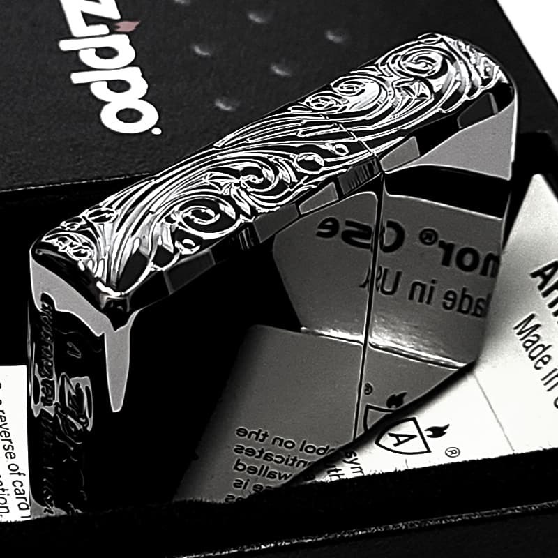 ZIPPO アーマー 三面彫刻 ストリームエングレーブ ブラックニッケルミラー ジッポ ライター 両面加工 シャインレイカット アラベスク 黒 おしゃれ 重厚 高級 メンズ かっこいい ギフト プレゼント