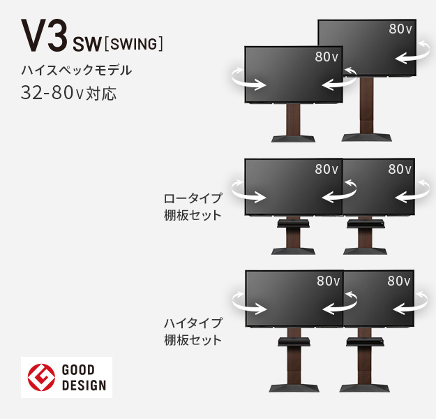 WALLインテリアテレビスタンドV3 SW ロータイプ+棚板ラージサイズ 2点セット 32~80v対応 壁寄せテレビ台 テレビボード TVスタンド 左右首振り 背面収納 コード収納 ホワイト 白 ブラック 黒 ウォールナット ブラウン 棚板付き TV台 新生活