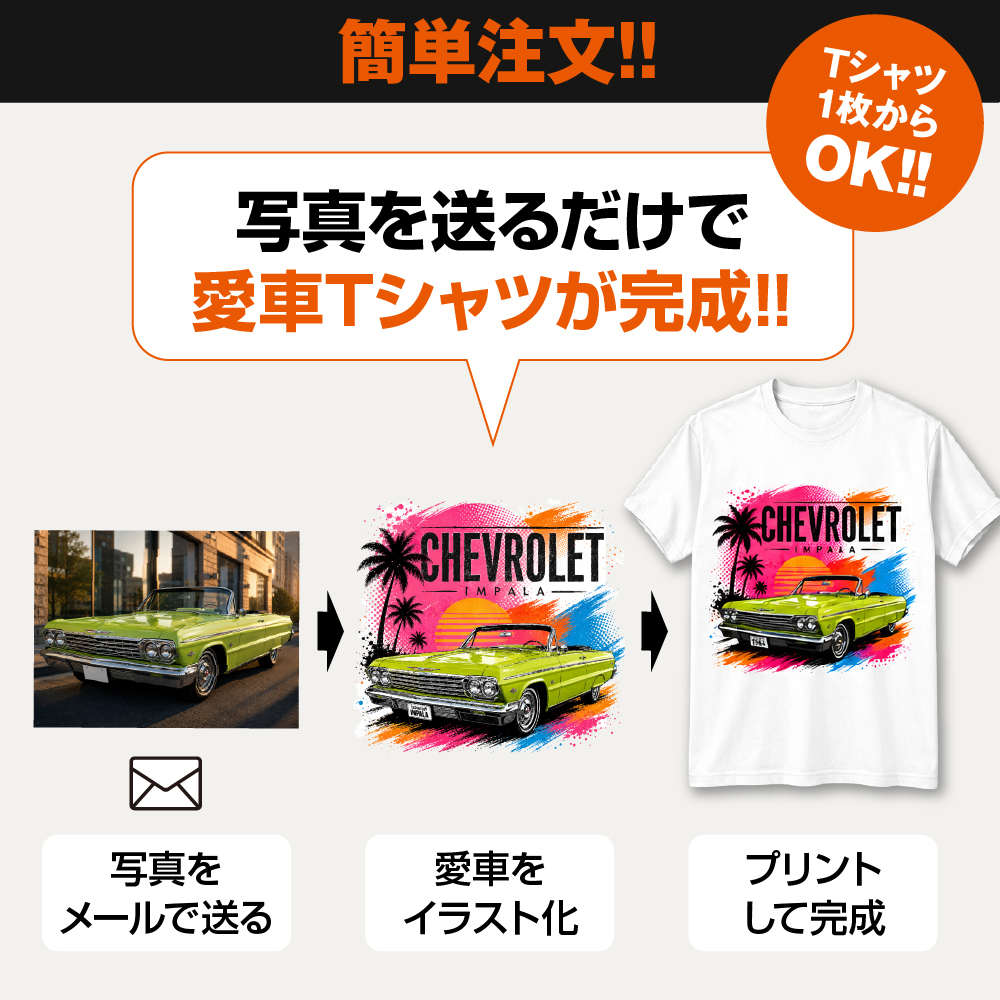 愛車Tシャツ オリジナルTシャツ オーダーメイド 写真から作る 車 バイク 名入れ プレゼント ギフト メンズ 日本製 ブランド おしゃれ 納車祝い 