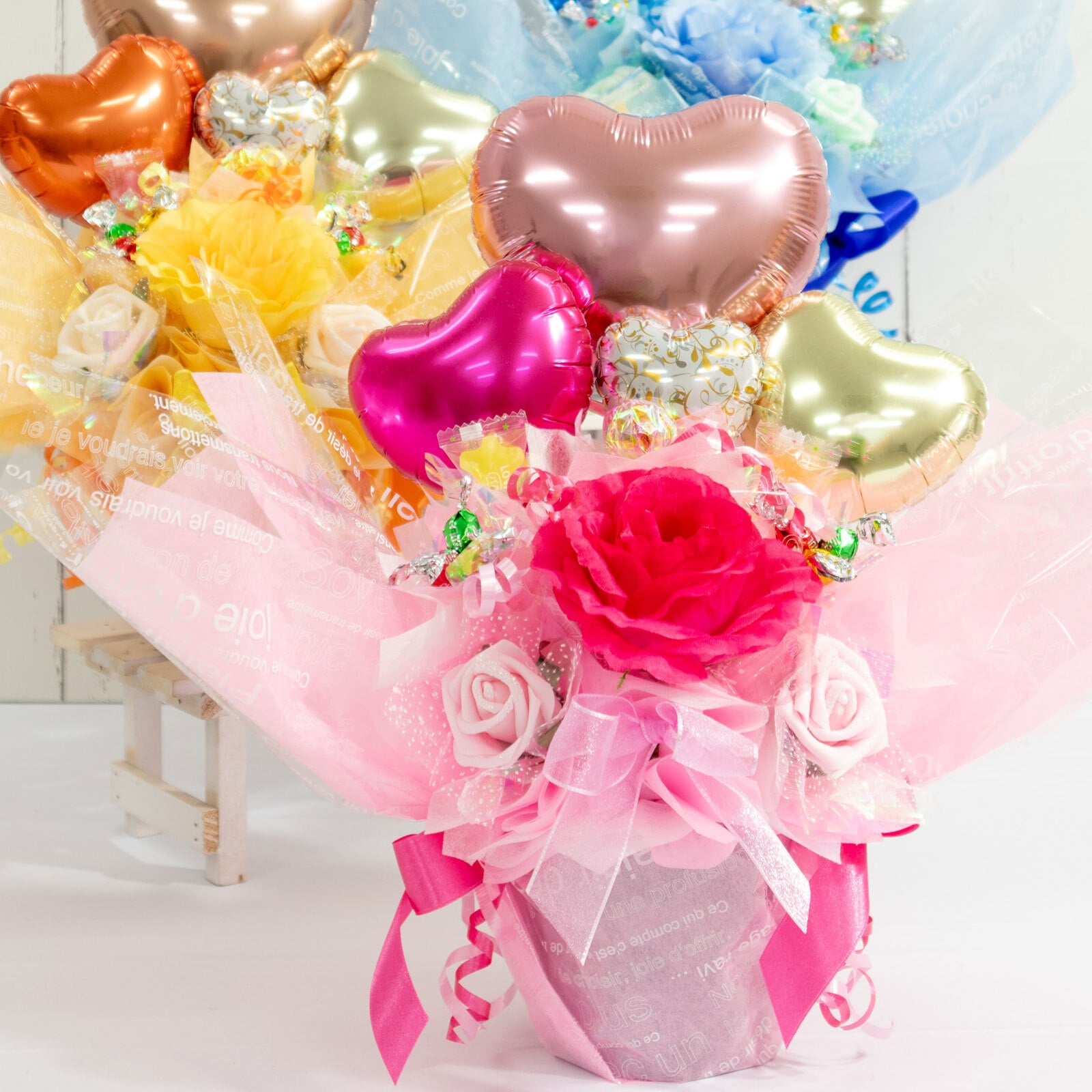 キャンディー バルーンフラワー アレンジ 花 プレゼント 卒業 卒園 造花 ブーケ ギフト オレンジ ピンク 水色 誕生日 女性 友達 退職祝い 上司 還暦祝い 結婚記念日 母の日 両親 子供会 推し活 推しカラー カスタム 選べる 風船  送料無料（一部地域除外）