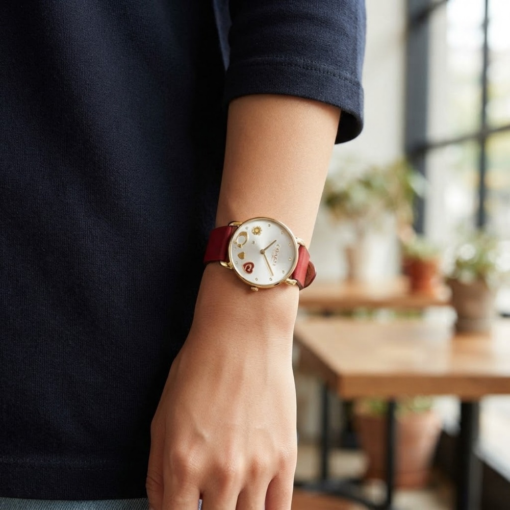 コーチ 腕時計 レディース 正規品 5年保証 エリオット 36mm レッド 赤 レザーベルト ハート チャーム クリスタル おしゃれ かわいい 女性 彼女 妻 娘 誕生日 記念日 クリスマス プレゼント ギフト 純正ショッパー付き COACH ELLIOT 成人 卒業 入学