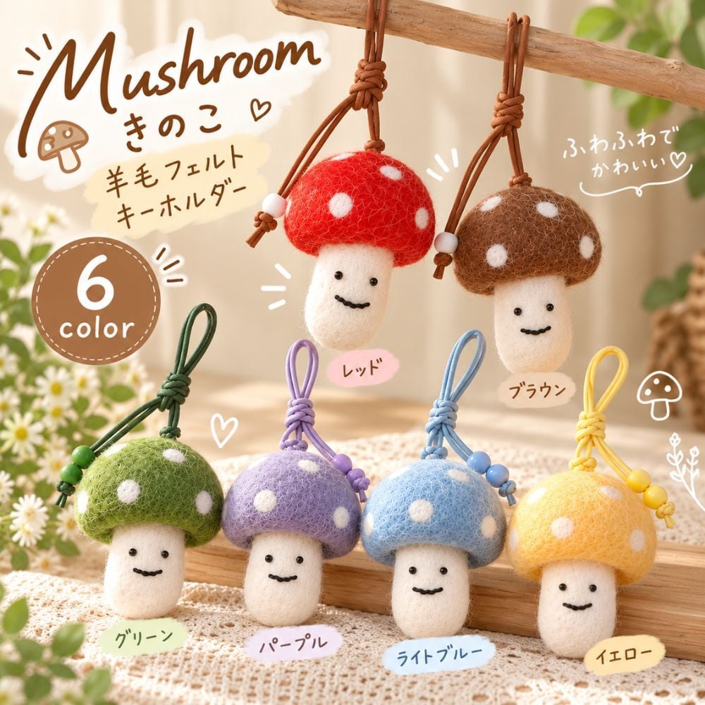 羊毛フェルト キーホルダー きのこ マッシュルーム 全6色 かわいい 手作り風 バッグチャーム ストラップ バッグ飾り キノコ モチーフ フェルト雑貨 ナチュラル 北欧風 韓国雑貨 おしゃれ レディース プレゼント ギフト