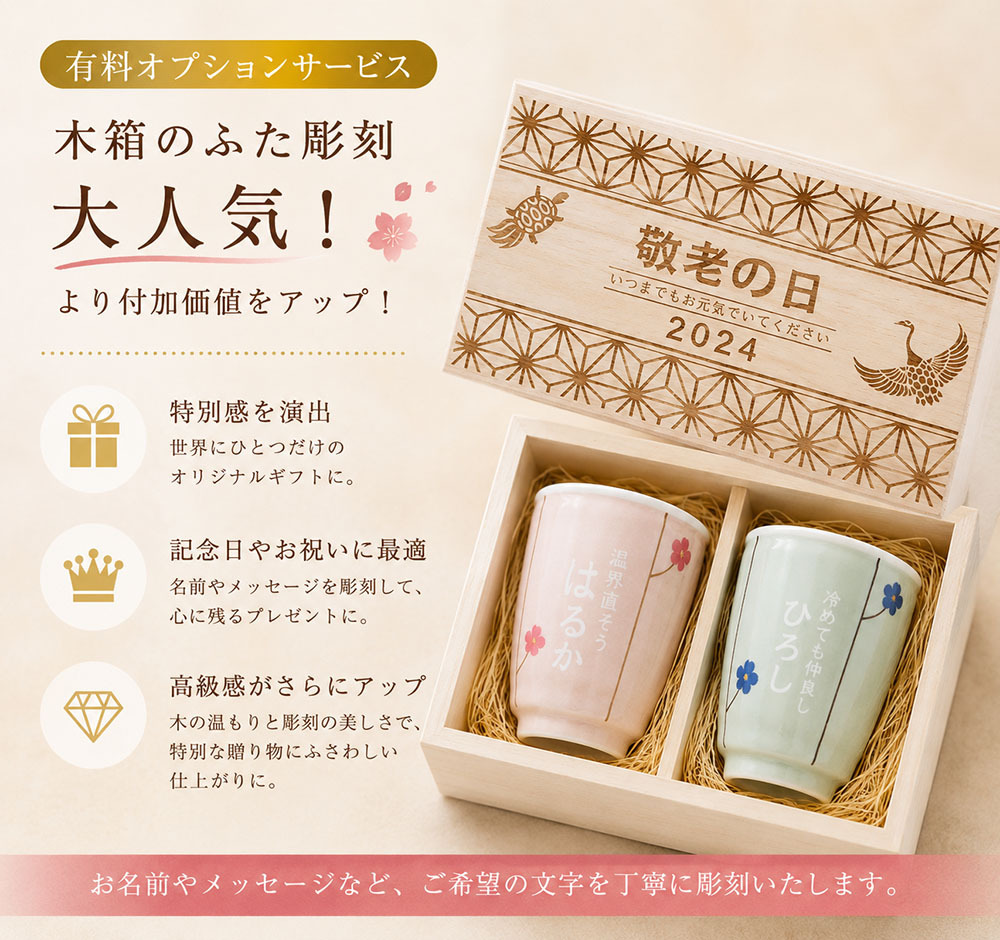 敬老の日 名入れ ペアギフト SXX 波佐見焼 夫婦湯呑 吉祥文様梅モダン ブルー ピンク 2点 木箱入り / プレゼント ギフト 両親 夫婦 結婚 金婚式 銀婚式 退職 記念 誕生日 長寿 祝い 数量限定商品