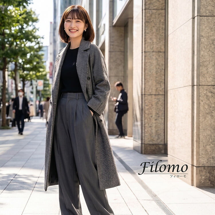 Filomo チェスターコート レディース 秋冬 カシミヤブレンド ウール ツイード ロング丈 9号/11号/13号 ブラックツイード 卒業式 入学式 母 女性 30代 40代 50代 60代 ギフト プレゼント 6F (02000228r)