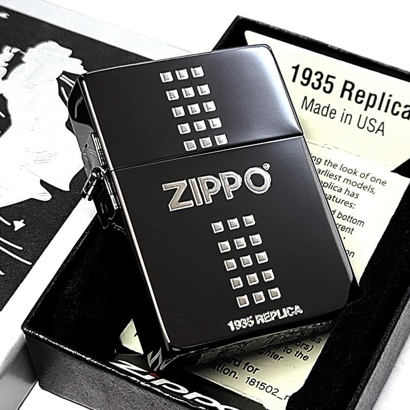 ZIPPO 1935 ジッポ ライター ロゴ ブラックニッケル 黒 角型 外ヒンジ 3バレル エッチング彫刻 銀差し シンプル かっこいい 高級 ギフト メンズ プレゼント