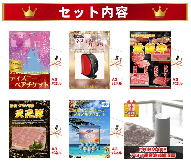 ビンゴ・二次会の景品はお任せ ビンゴ 景品 パネル 目録 ディズニーペアチケット人気パネル景品５枚＆現品１０点セットB 景品パネル＆引換券付き目録 15273 結婚式 ゴルフコンペ イベント 抽選会