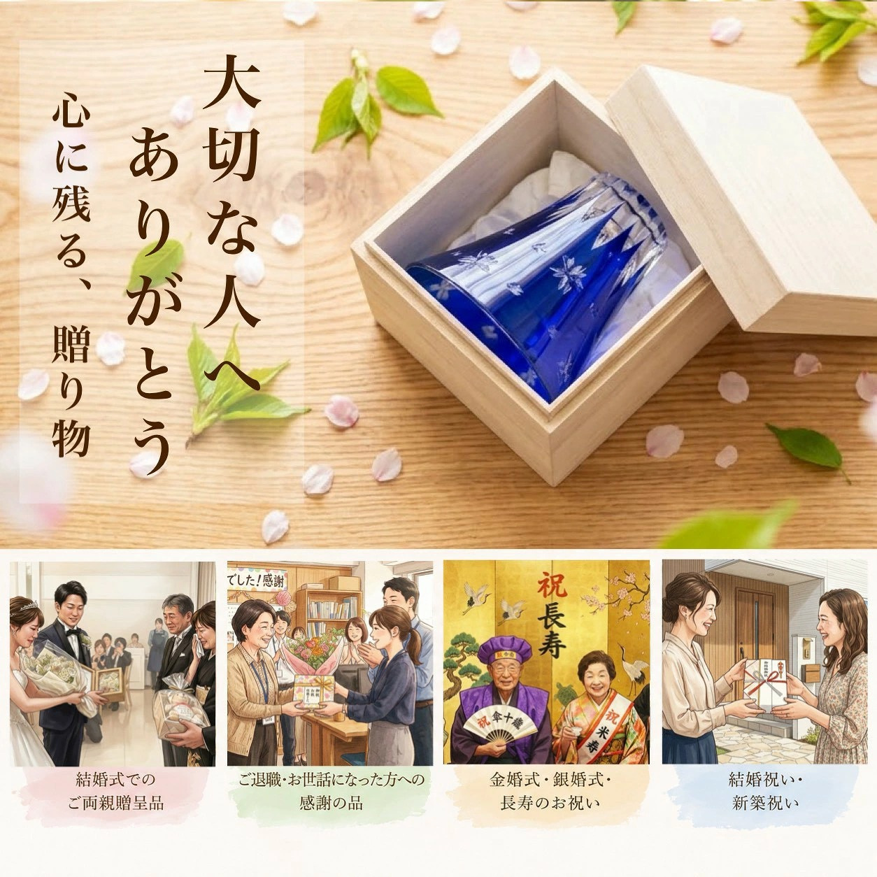  【全2色より選べる】 ギフト桐箱入り 切子グラス 富士桜 青 赤 コップ ギフト プレゼント インバウンド 富士山