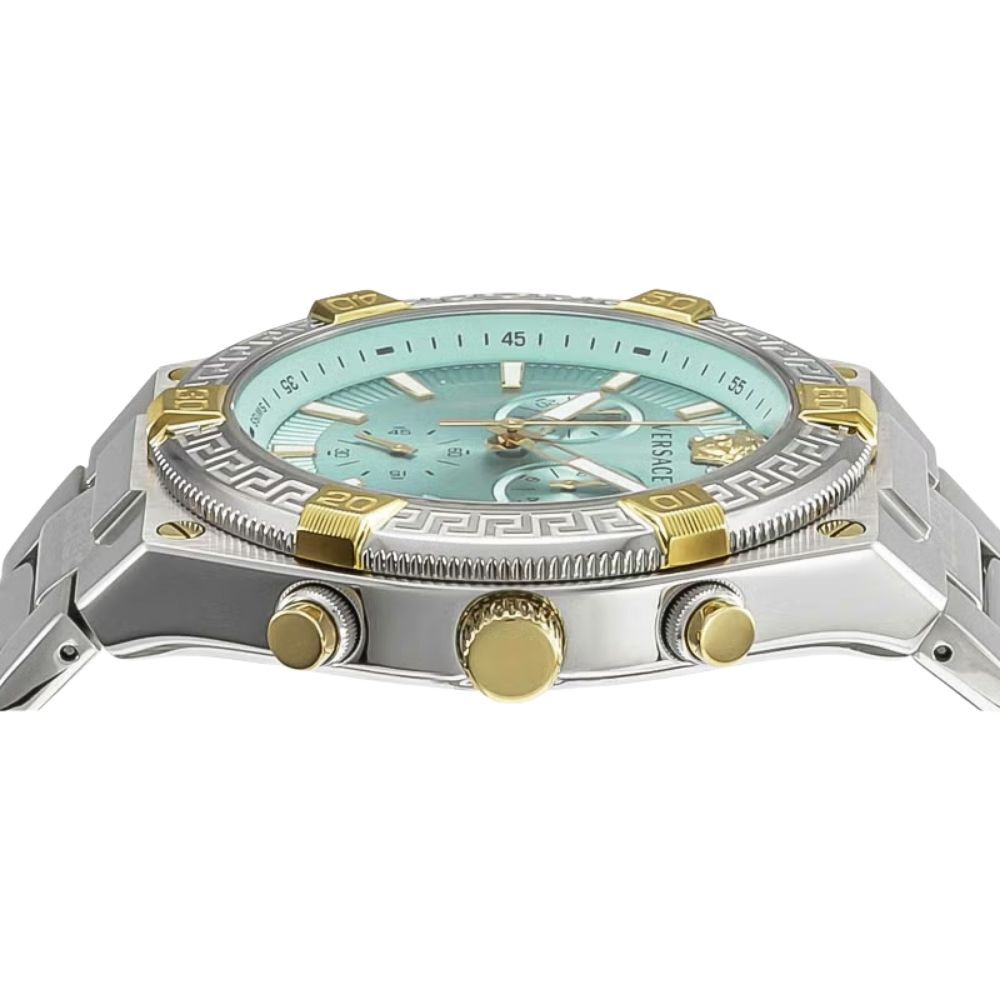 ヴェルサーチェ 腕時計 メンズ ライトブルー アクアブルー シルバー ゴールド クロノグラフ 46mm VERSACE SPORTY GRECA スイス製 メンズ腕時計 高級 ブランド おしゃれ プレゼント ギフト 成人 卒業 入学